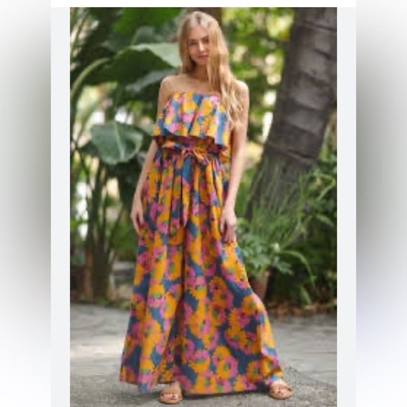 Aakaa wide leg floral jumpsuit tie waist strapless  bubble top FALL floral - Picture 6 of 6